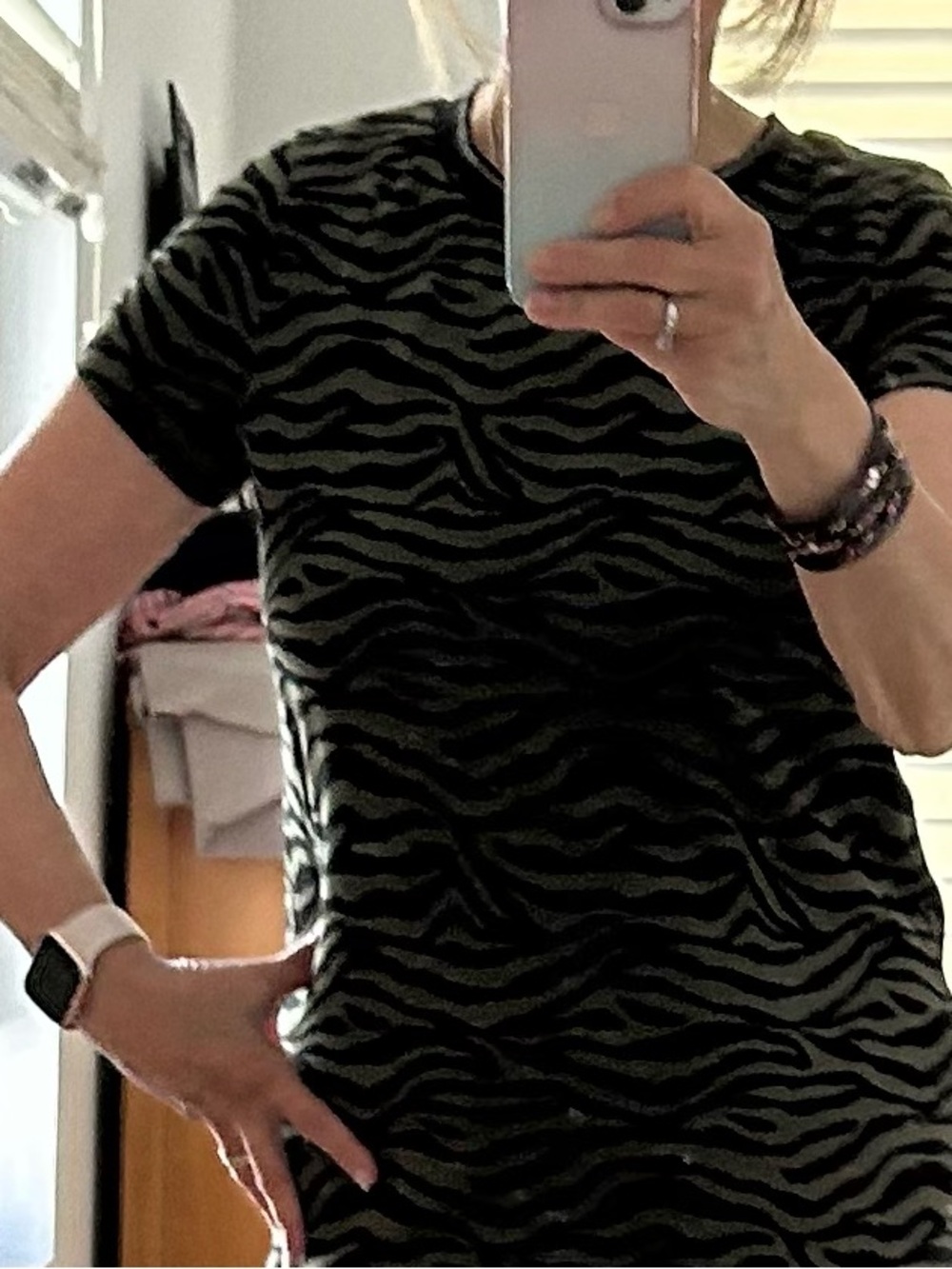 Black and Olive Zebra-Print Short Sleeve Women's Top S by WE